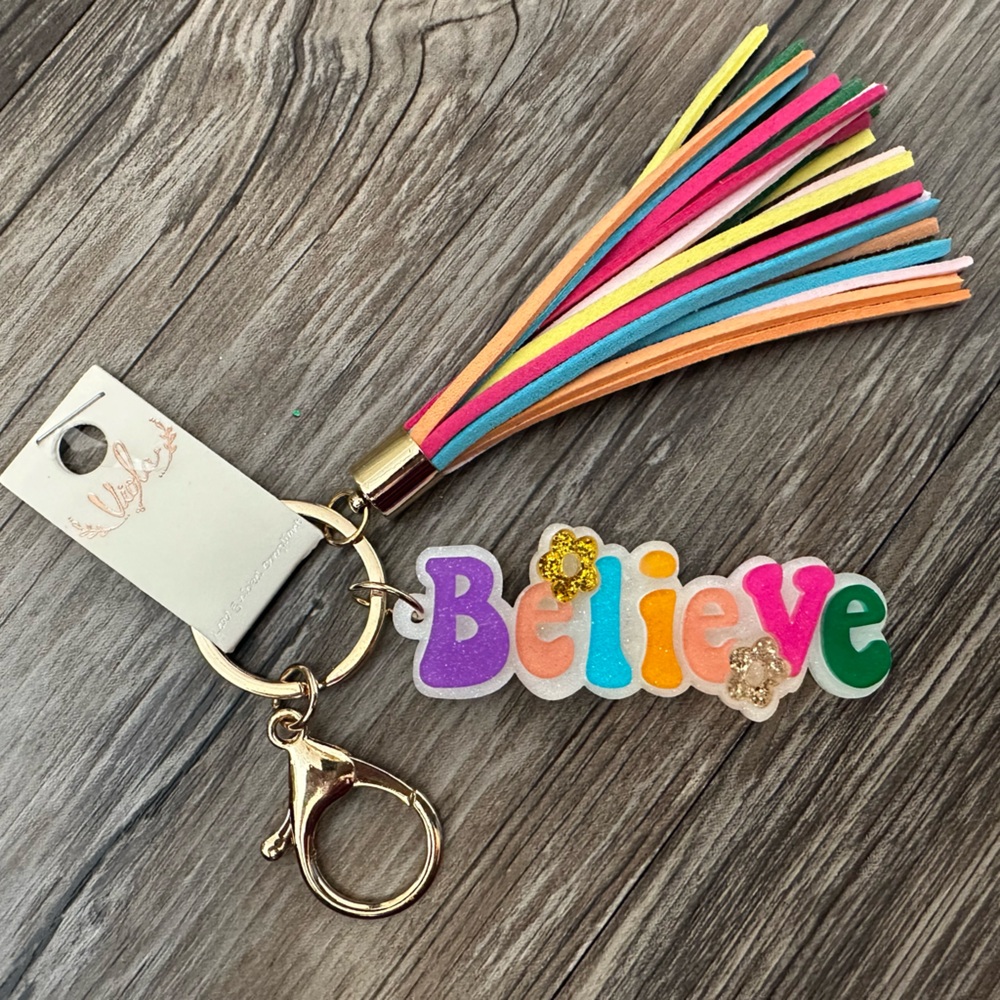 Viola “Believe” Rainbow Tassel Keychain – Positive Quote Charm NWT
